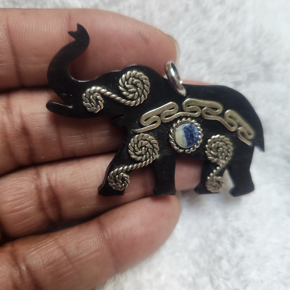Vintage Black Carved Elephant Pendant Silver Tone Wire Blue Stone Trunk Up Luck